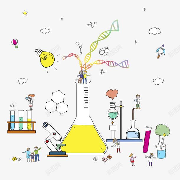 化学实验室的神奇现象png免抠素材_新图网 https://ixintu.com 创意 卡通 多彩 实验室插画 手绘 灯泡 试管 飞机 黄色