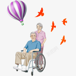 升天红气球卡通坐在轮椅上散心的老年人高清图片