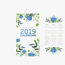 蓝色花朵2019日历矢量图素材
