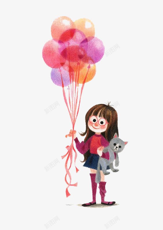 气球女孩png免抠素材_新图网 https://ixintu.com 卡通 小孩 手绘 插画 气球 温馨 猫咪 绘本