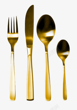不锈钢工具金色的叉子和刀子和不锈钢汤勺实高清图片