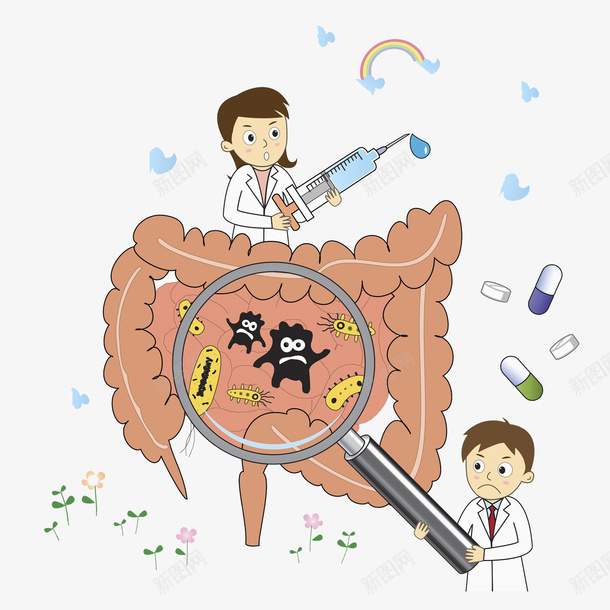 医生在清理肠道里的病毒png免抠素材_新图网 https://ixintu.com 创意 医生 在清理 形象 手绘 的病毒 肠道 肠道里 针管