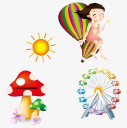 在蘑菇上的小女孩坐在热气球上的小女孩高清图片