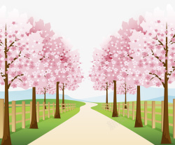 绿色大道矢量卡通手绘春天樱花大道高清图片