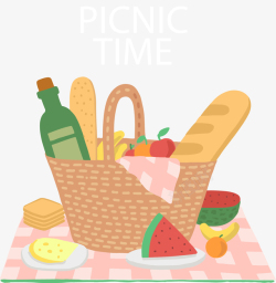 卡通郊外农村背景卡通装满食物的野餐篮子矢量图高清图片
