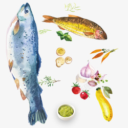卡通生鲜烤鱼必备材料装饰素材