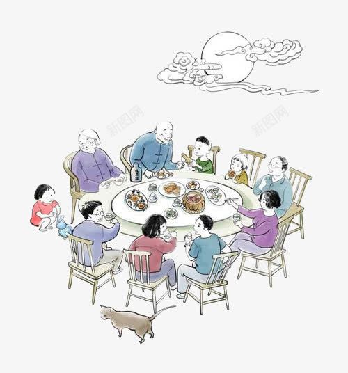 团圆饭png免抠素材_新图网 https://ixintu.com 一家人 中秋团圆饭 中秋节 手绘 月亮 聚餐