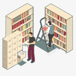 整理排列卡通图书馆整理书架的店员高清图片