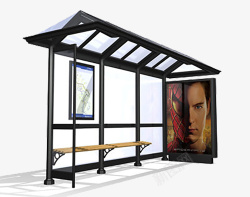 一个灰色公交车站台黑色框架玻璃透明公交车站台高清图片