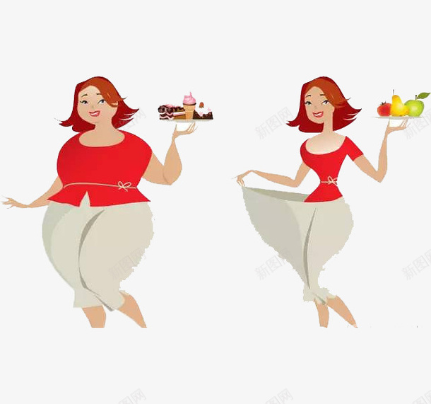 拿着蛋糕的美女png免抠素材_新图网 https://ixintu.com 卡通 图案 对比 微笑 手绘 瘦子 红色 肥胖对比 肥胖的危害 胖子 蛋糕