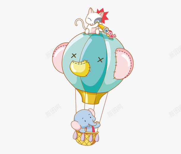 卡通手绘热气球里的小象png免抠素材_新图网 https://ixintu.com 卡通 手绘 拿着望远镜的小猫 热气球 蓝色小象 里的小象