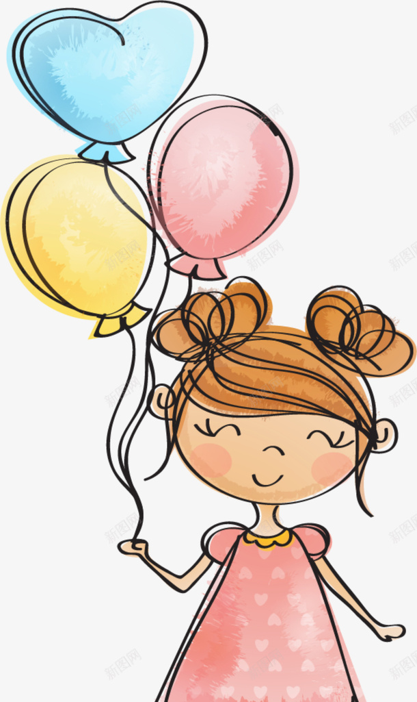 儿童节牵着气球的女孩png免抠素材_新图网 https://ixintu.com 儿童节 多彩气球 手绘女孩 水彩 牵着气球的女孩 童趣