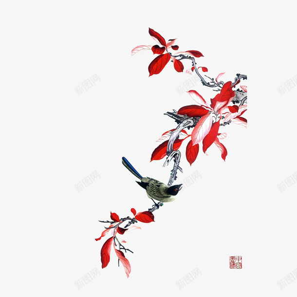 站在花枝上的小鸟png免抠素材_新图网 https://ixintu.com 中国风 国画 手绘 水墨 花枝 花鸟 蜂鸟 麻雀
