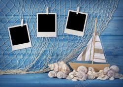 纸片可爱贝壳木船与渔网高清图片