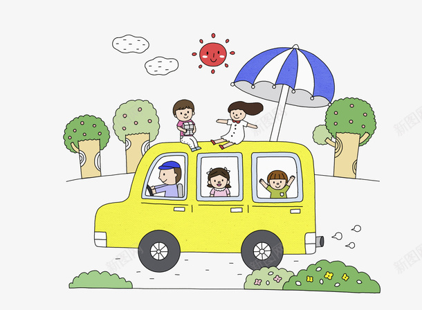 卡通游玩的孩子场景图png免抠素材_新图网 https://ixintu.com 场景 大巴 学生 孩子 旅行 校车 玩耍的 遮阳伞