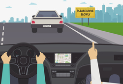 开车慢行公路上开车的人和路牌矢量图高清图片
