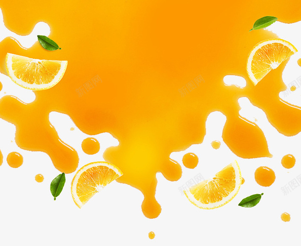 橙子和橙汁png免抠素材_新图网 https://ixintu.com 卡通 叶子 果肉 橙子 橙汁 洒落 绿色的 黄色的