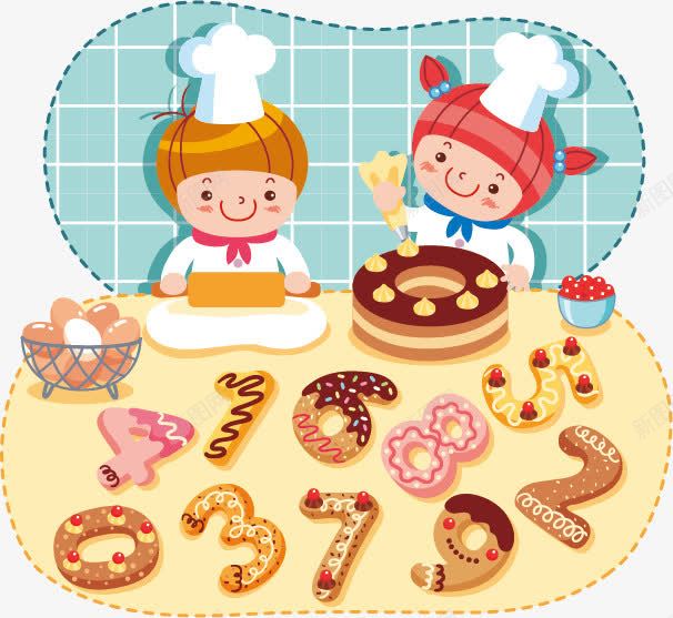 卡通png免抠素材_新图网 https://ixintu.com 儿童 卡通 厨师 手绘 插图插画 数字早教 数字糕点 蛋糕 面包