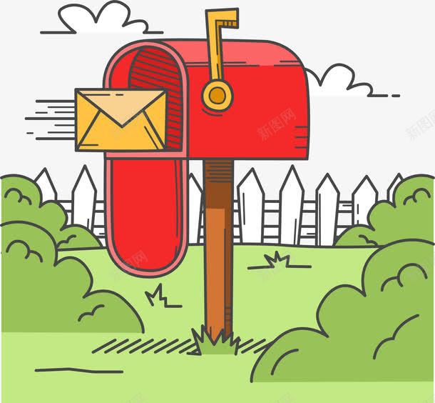 草地上的红色邮筒png免抠素材_新图网 https://ixintu.com 信箱 手绘风 春天 矢量素材 红色邮筒 草地