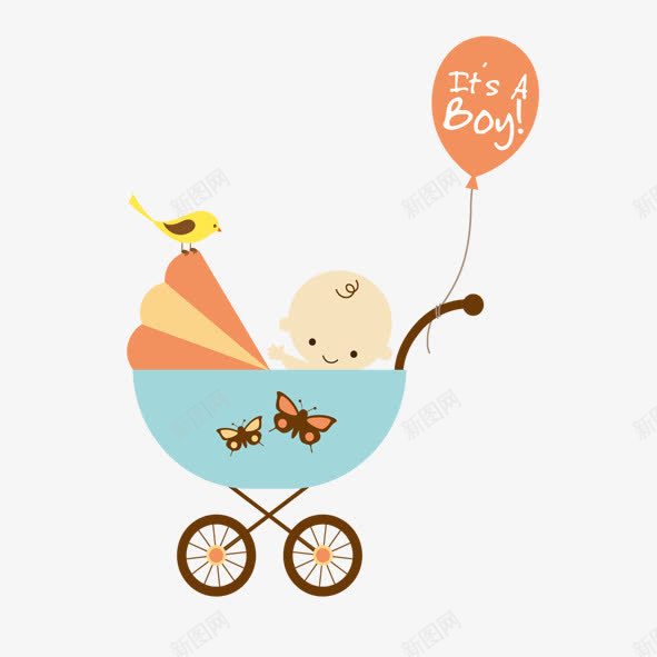 可爱气球童车png免抠素材_新图网 https://ixintu.com 卡通 可爱 婴儿 小鸟 彩色 气球 童车 黄色