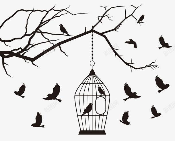 鸟笼和鸟png免抠素材_新图网 https://ixintu.com 剪影 卡通 小鸟 手绘 树干 树枝 笼中鸟 笼子 飞翔 黑色