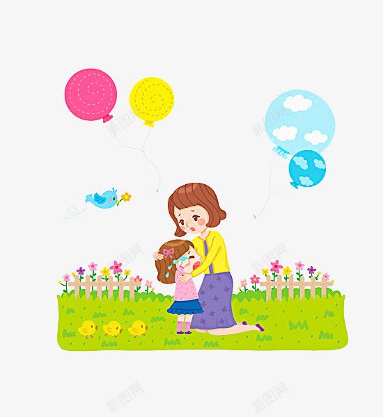 卡通哭泣的女孩png免抠素材_新图网 https://ixintu.com 免扣花园 卡通 哭小孩 哭泣的女孩 妈妈抱着哭泣的孩子 气球 花朵