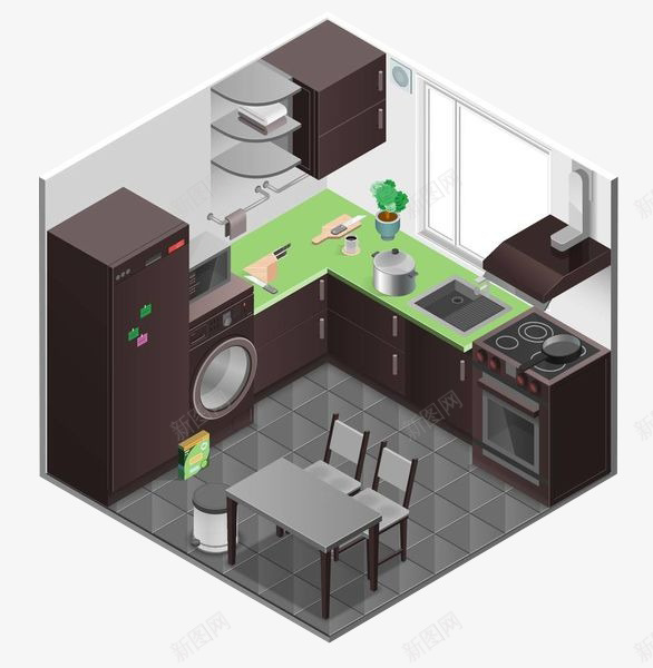 厨房立体模型png免抠素材_新图网 https://ixintu.com 3D模型 厨房 厨房台 家具家居 工具 洗手台 滚筒洗衣机