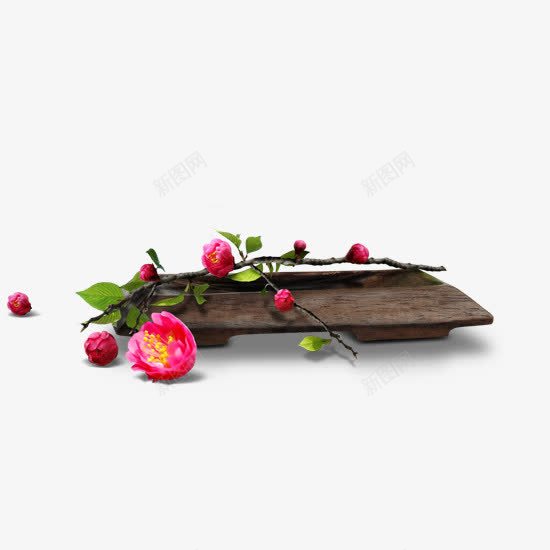 木桌上的花枝png免抠素材_新图网 https://ixintu.com 木桌子 枝叶 粉红花朵