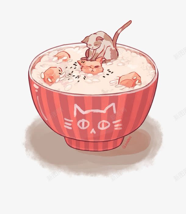猫咪米饭png免抠素材_新图网 https://ixintu.com 卡通 手绘 斑点条纹 水彩画 猫咪米饭 粉红碗 装饰图案