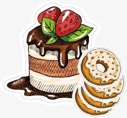 茶歇甜甜圈草莓蛋糕手绘可爱咖啡高清图片