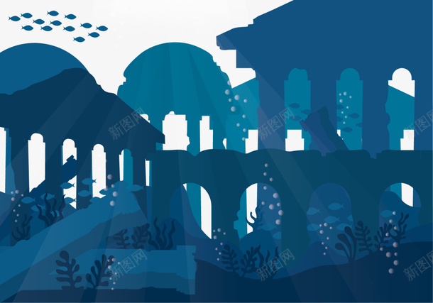 蓝色立体海底废墟png免抠素材_新图网 https://ixintu.com 6月8号 世界海洋日 大海 海底废墟 深海城市 自然 鱼群