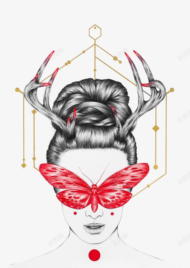 手绘女头像png免抠素材_新图网 https://ixintu.com 几何线性 创意画 手绘 红色蝴蝶 鹿角