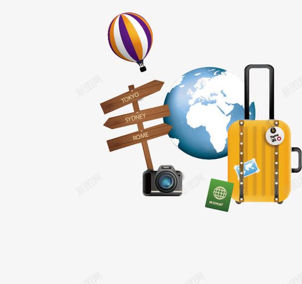 旅游场景png免抠素材_新图网 https://ixintu.com 单反 卡通 手绘 旅行箱 涂鸦 热气球