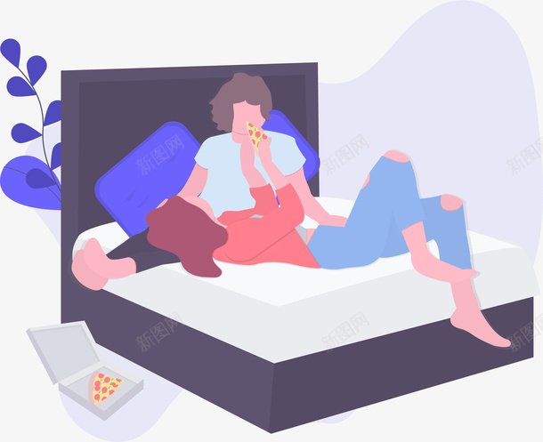 躺在床上吃披萨的恋人png免抠素材_新图网 https://ixintu.com 人物 卡通 吃披萨 情侣 披萨饼 男女 美食
