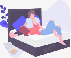 吃饼躺在床上吃披萨的恋人高清图片