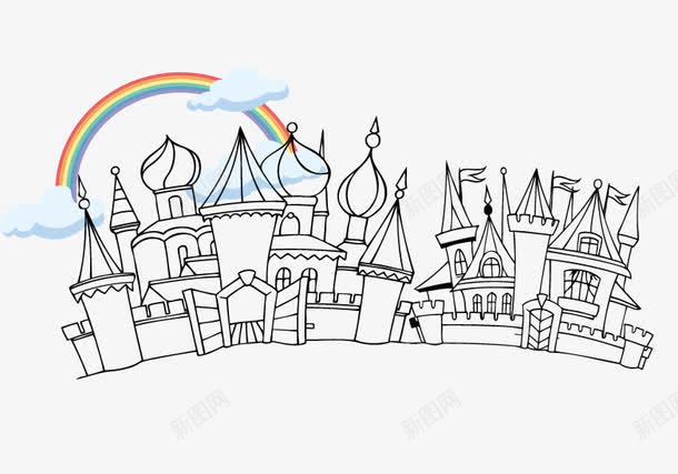 手绘彩虹下的城堡png免抠素材_新图网 https://ixintu.com 创意图案 卡通图案 学校 彩虹 房子 手绘图案 白云 线描图案
