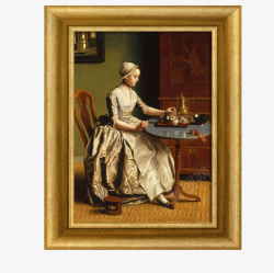 古典风格边框享受下午茶的贵族女子装饰油画P高清图片