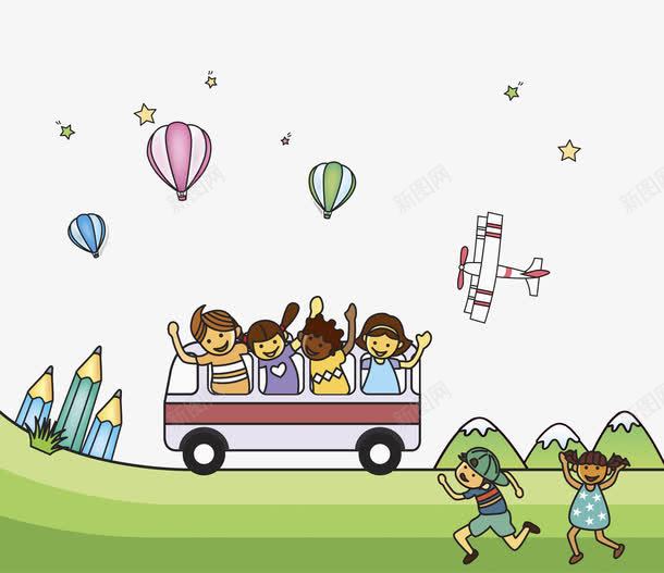 大巴车上的孩子png免抠素材_新图网 https://ixintu.com 五角星 大巴车 奔跑 小孩子 热气球 铅笔 飞机