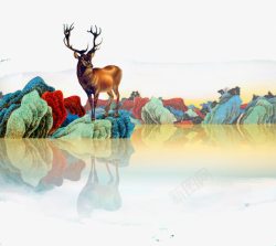 海报鹿森林鹿与湖面高清图片