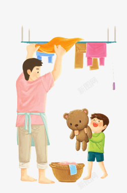 洗衣服插画手绘装饰插画父亲节亲子插图高清图片