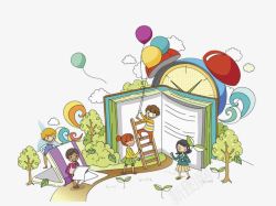 书籍气球水彩拿气球爬梯子的小男孩高清图片