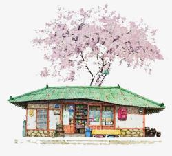 彩色樱花枝装饰水彩建筑高清图片