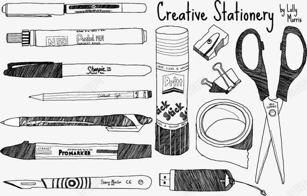 手绘文具笔png免抠素材_新图网 https://ixintu.com USB U盘 剪刀 夹子 小刀 手绘 文具 笔 胶布 胶带