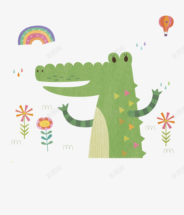 绿色小鳄鱼图png免抠素材_新图网 https://ixintu.com 动物 卡通 太阳 手绘 植物 绿色 花草 鳄鱼