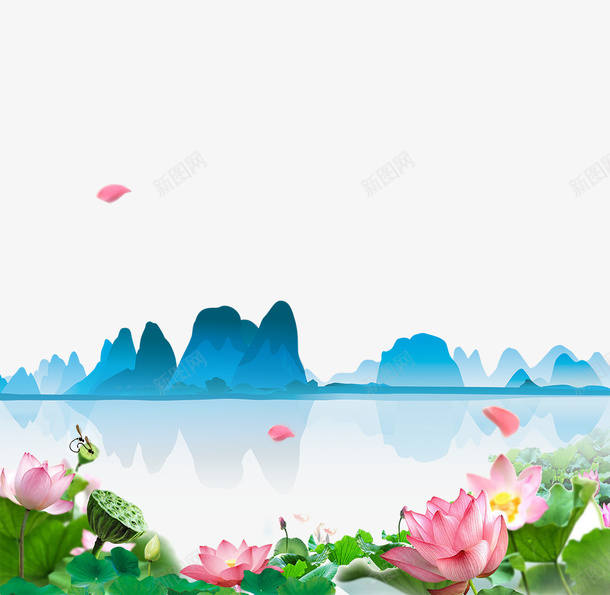 春季荷花开蓝色的河水装饰psd免抠素材_新图网 https://ixintu.com 山水画 春季 的河水装饰 粉色的花朵 荷花开 蓝色 蓝色的山峰