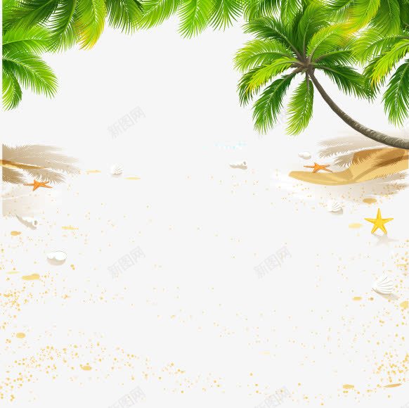 黄色流沙沙滩海星椰树背景png免抠素材_新图网 https://ixintu.com 椰子树 椰棕树叶 沙滩 海星 绿叶 绿色树叶 背景