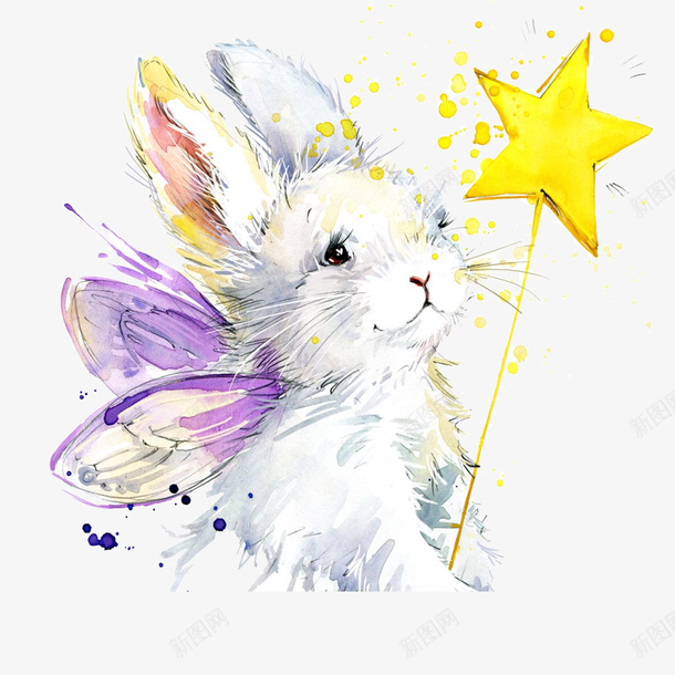 手绘手拿五角星的小兔子png免抠素材_新图网 https://ixintu.com 兔子 动物 卡通手绘 可爱 呆萌 宠物 小兔子 水彩 白色
