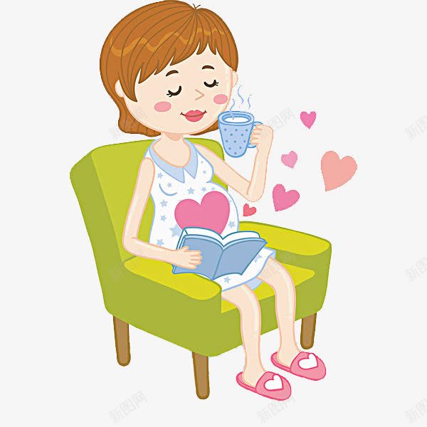 喝水的女人png免抠素材_新图网 https://ixintu.com 书本 卡通 女人 手拿水杯 椅子 水杯 漂亮的 红心 绿色的