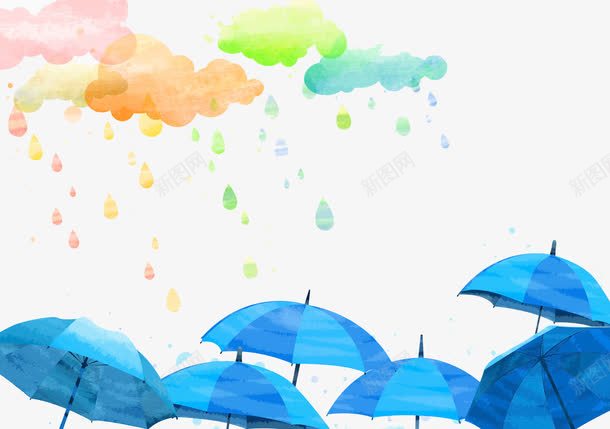 水彩手绘下雨天png免抠素材_新图网 https://ixintu.com 下雨 下雨天 卡通雨点 彩色雨点 水彩手绘 蓝色雨伞 雨水 雨滴