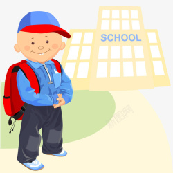 上学去戴蓝色帽子背书包的学生高清图片